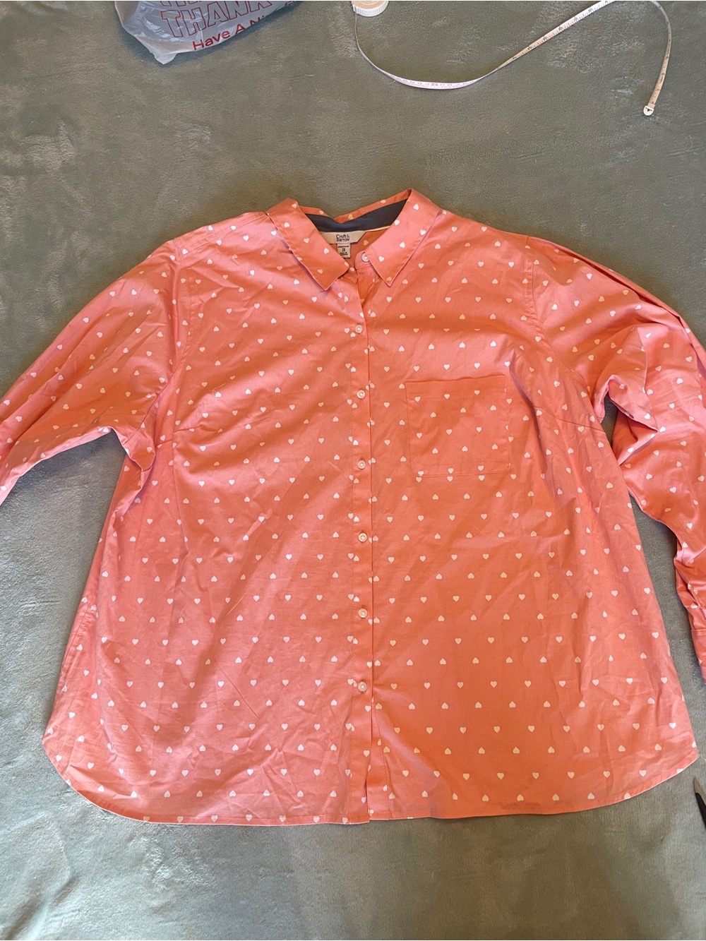 Pink Button-Down Shirt with White Heart Print. Long sleeve, roll up 2X